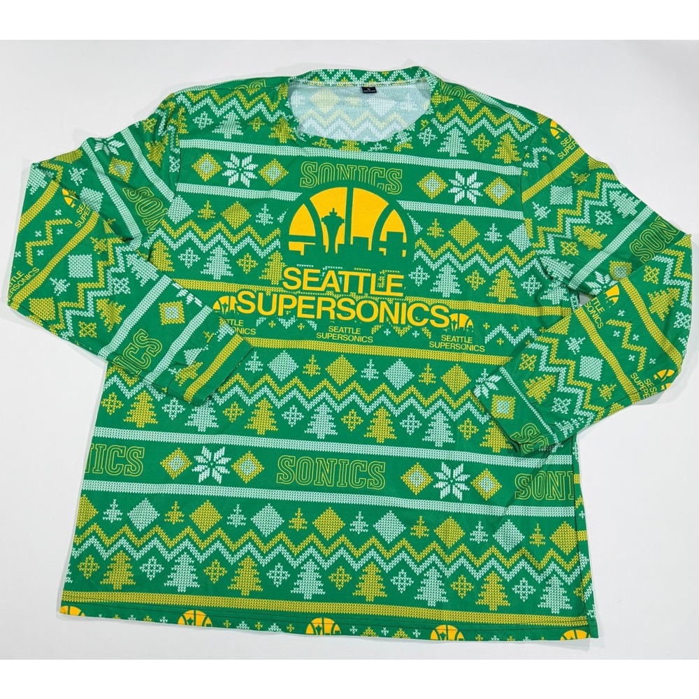 Seattle Supersonics NBA Men's XL Pajama Set Green Yellow Fair Isle Holiday - Picture 2 of 5